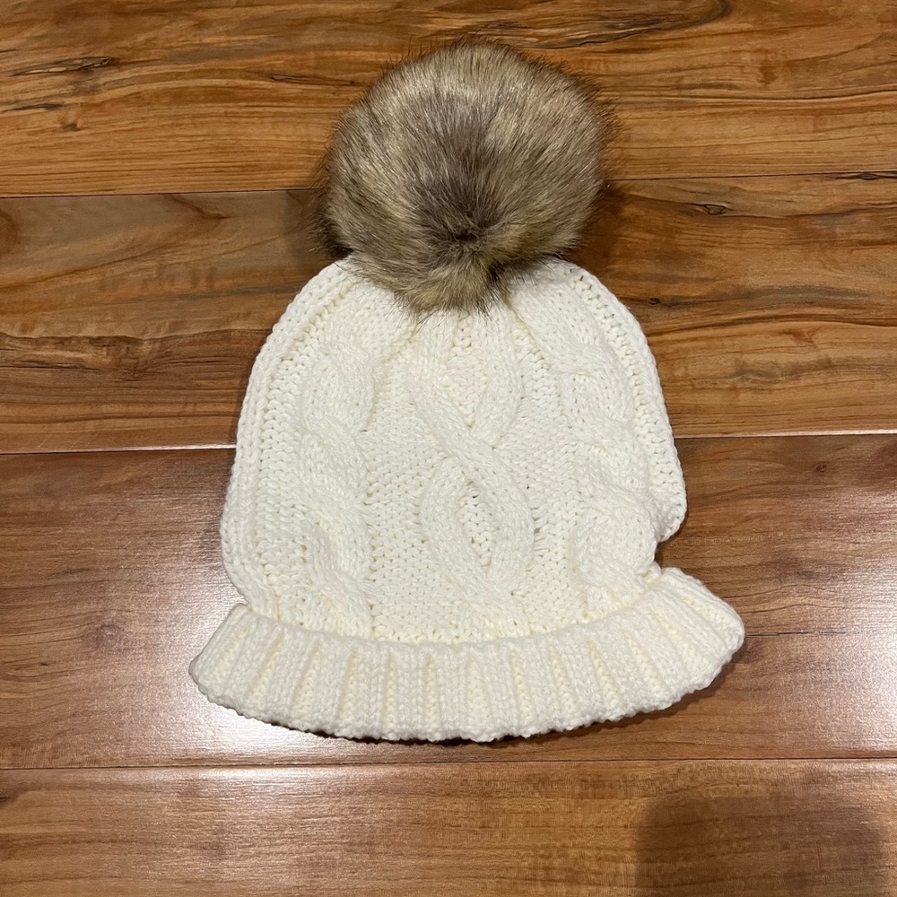 Lands' End Girl’s Cream Cable Knit Hat with Faux Fur Pom-Pom